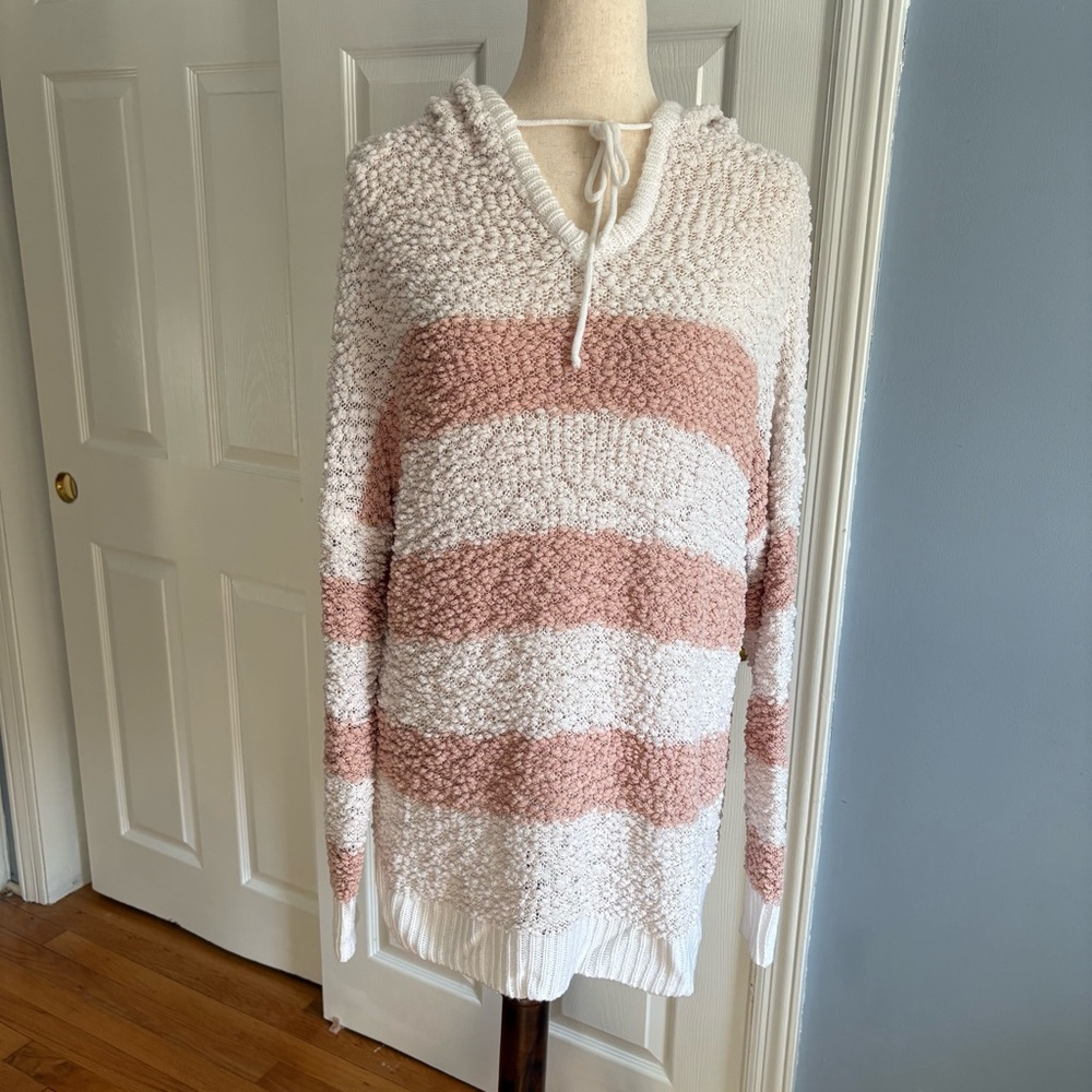 Reborn J Women’s Striped Popcorn Knit Hooded Sweater Peach Ivory Medium